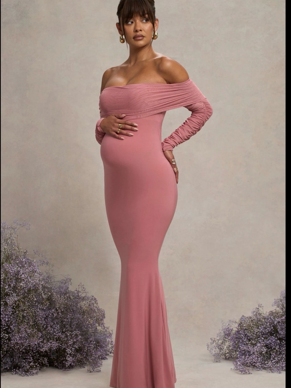 CLUBL Blush Pink Maternity Ruched Mesh Bardot Maxi Dress